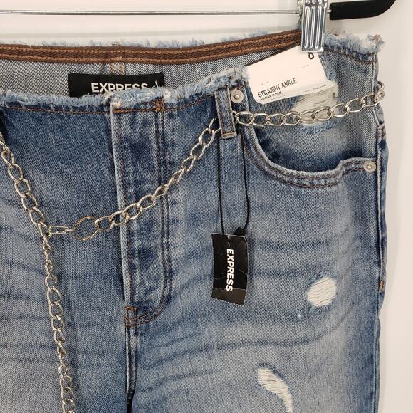 Express Straight Ankle Jeans 8 High Rise Waist Distressed Chain Raw Hem Blue NWT - Picture 10 of 13